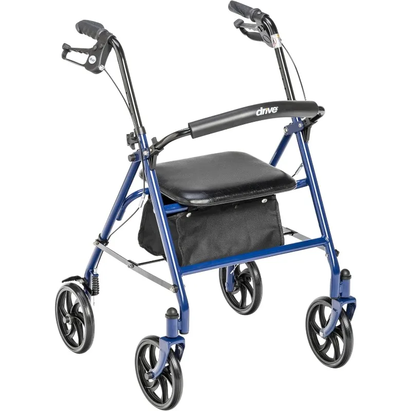 10257BL-1 4 Wheel Rollator Walker With Seat, Steel Rolling Walker, Height Adjustable, 7.5