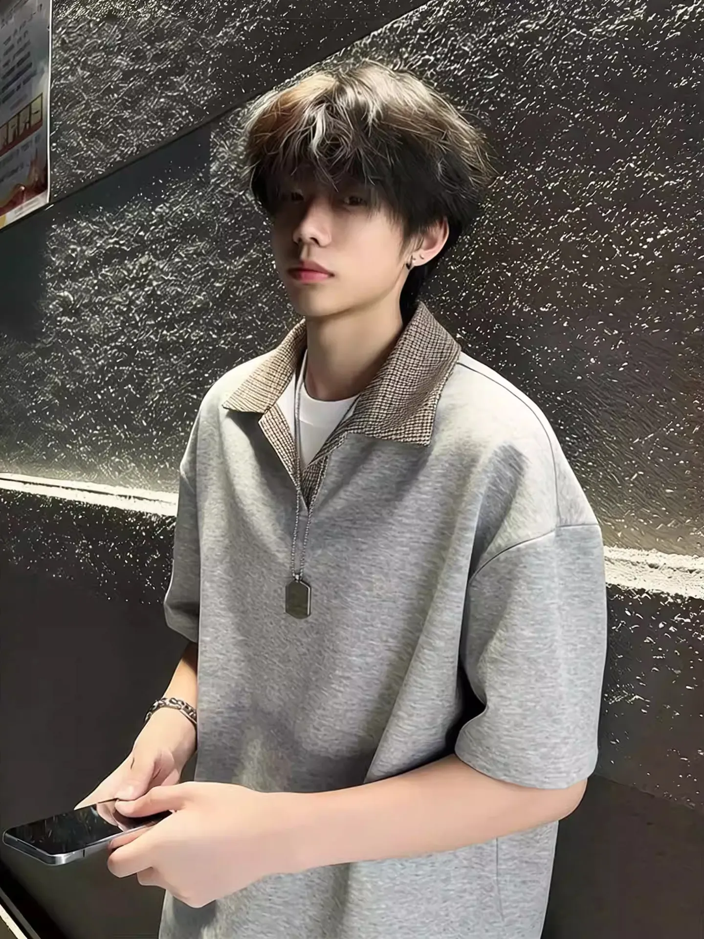 White Polka Dot  Shirt Short Sleeve Men Summer Youth Style Collar Shoulder T-Shirt Upper Body Half Sleeve Casual Fashion
