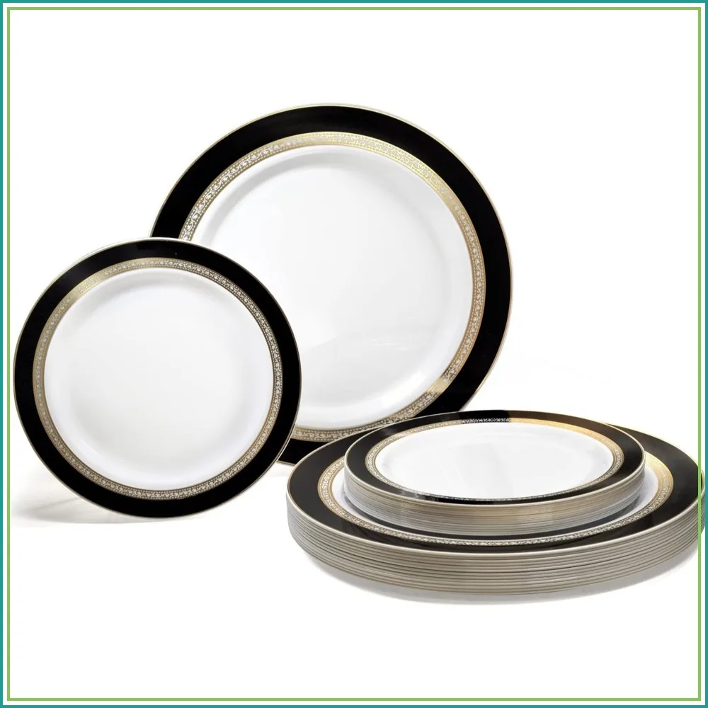 240 Disposable Plates Black Gold Fancy Party Dinnerware for 120 Guests