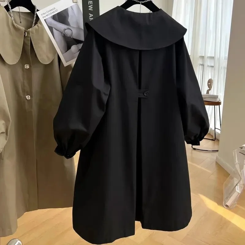 Capispalla foderato da donna in stile medio lungo Primavera Autunno Cappotto da giacca a vento con colletto per bambola da donna Nuovo trench a maniche lunghe