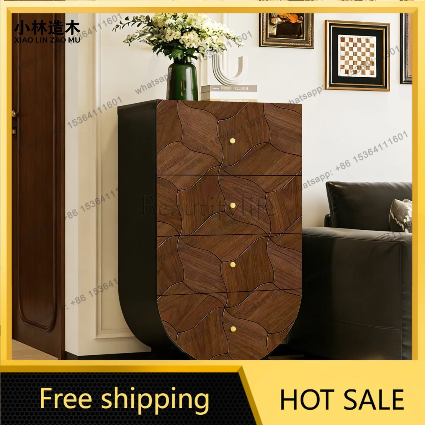 Retro solid wood four-chest cabinet medieval painted porch side locker
