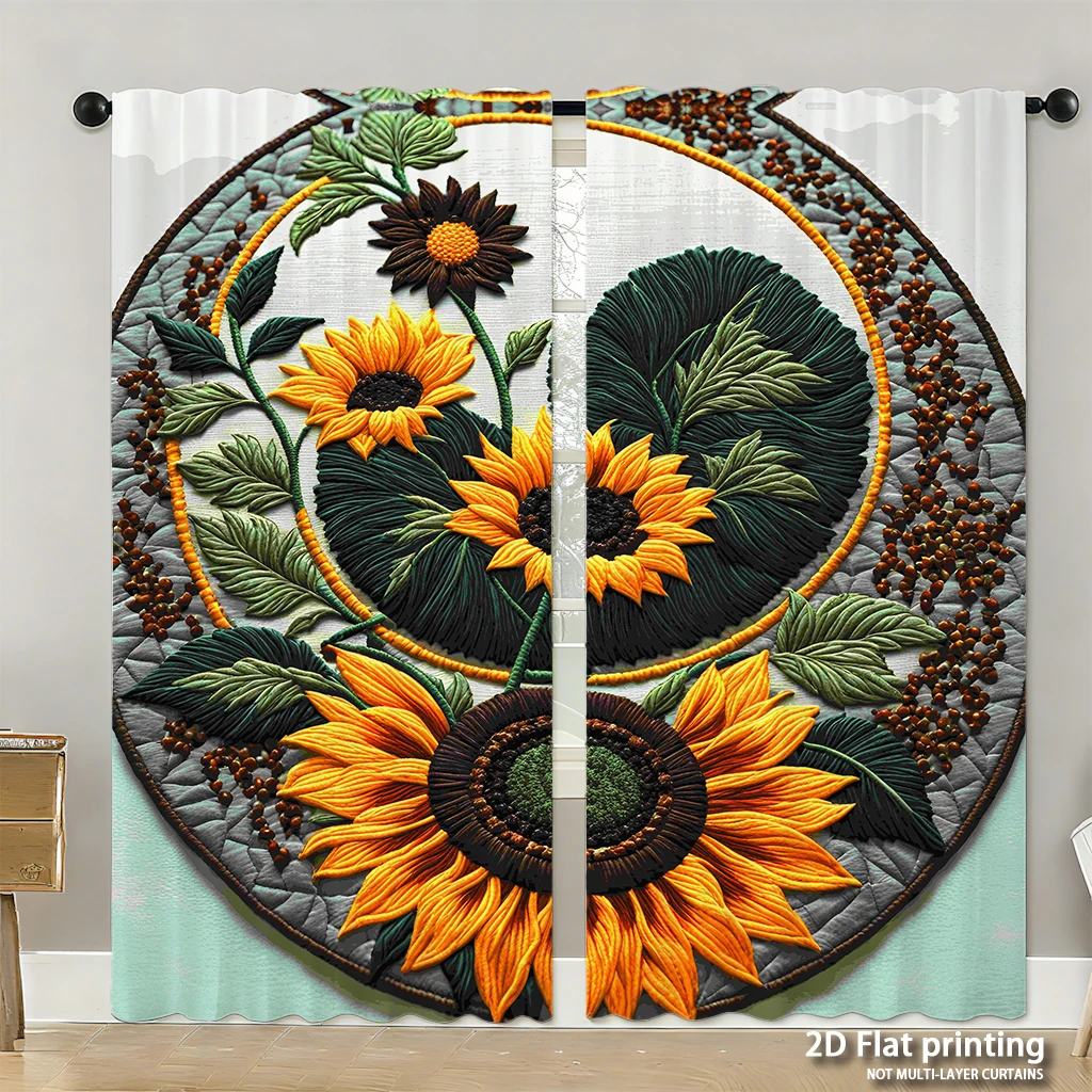 

2-piece set of high-definition digital printed curtainsRound embroidery sunflower yellow green rod pocket curtainHome decoration
