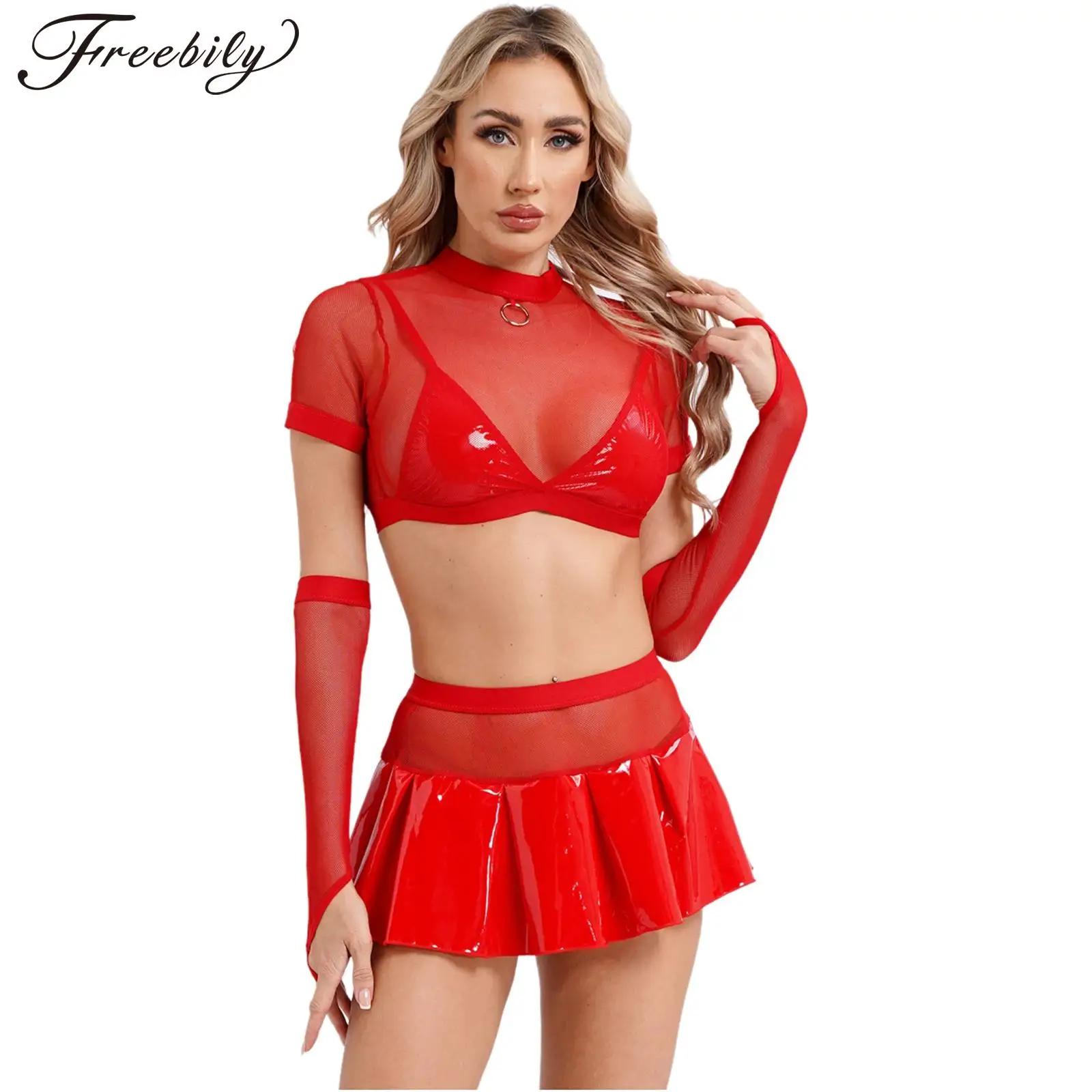 

Women Sexy Little Devil Cosplay Costume Lingerie Set Short Sleeve Mesh Crop Top with Miniskirt Gloves for Nightclub Nightwear