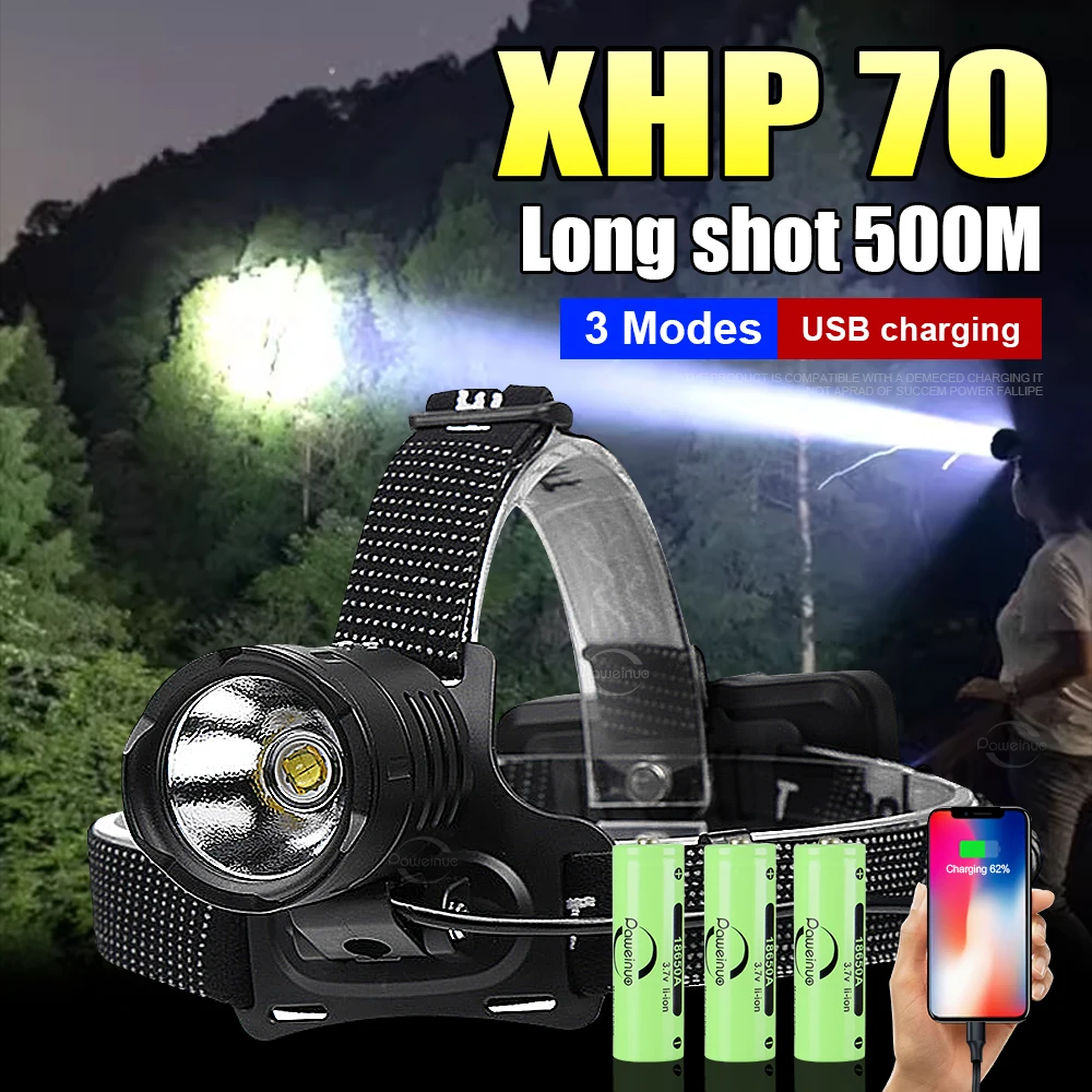 XHP70 Powerful LED Headlamp Long Range 3*18650 Headlight Rechargeable Head Flashlight High Power Outdoor HeadLamp Fishing Light