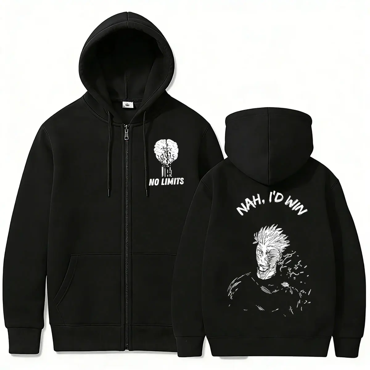 Anime Jujutsu Kaisen Gojo Satoru No Limits Nah I'd Win Zipper Hoodie Men Women Casual Zip Up Jacket Male Manga Oversized Hoodies