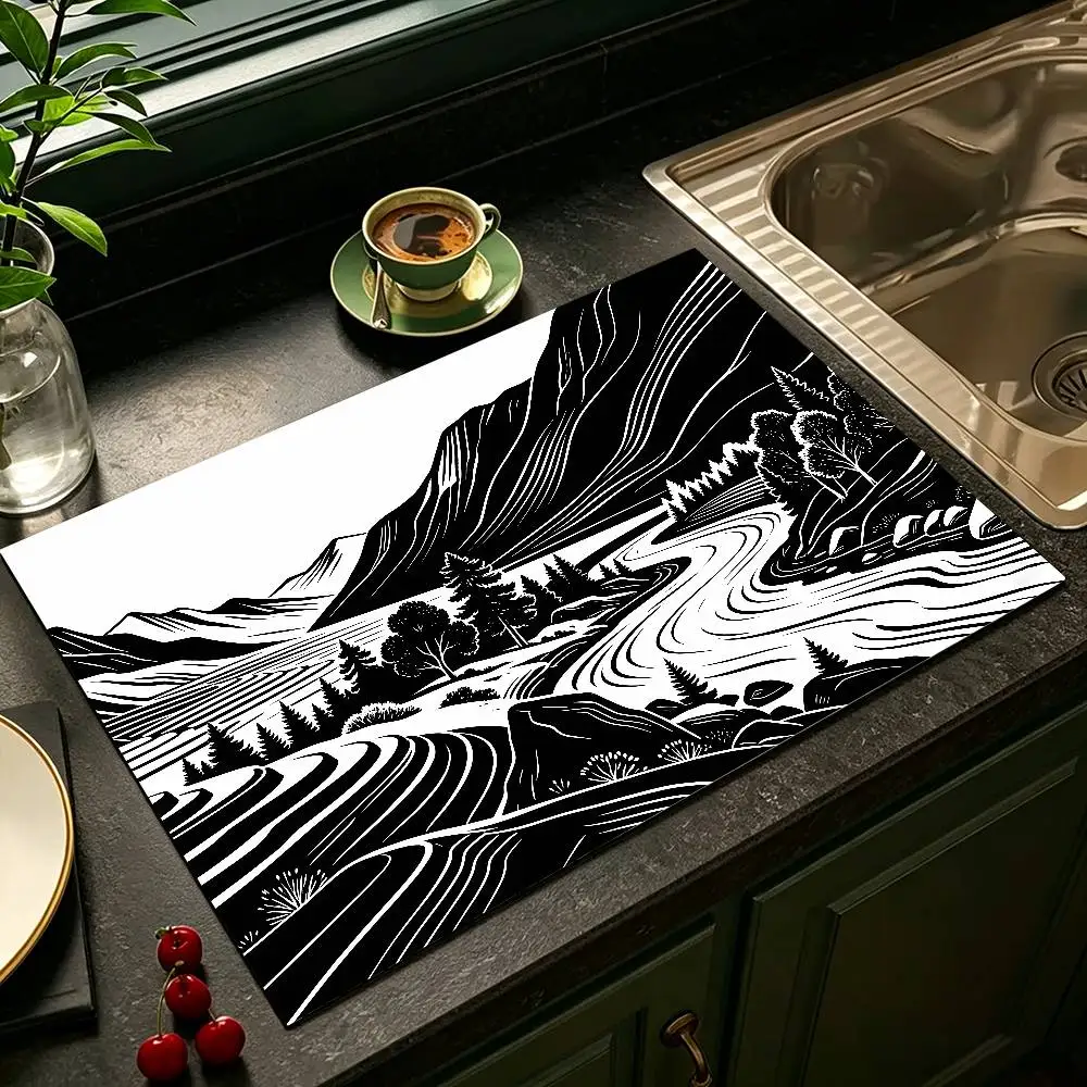 Black and White Landscape Painting Dish Drying Mat Absorbent Kitchen Drain Pad