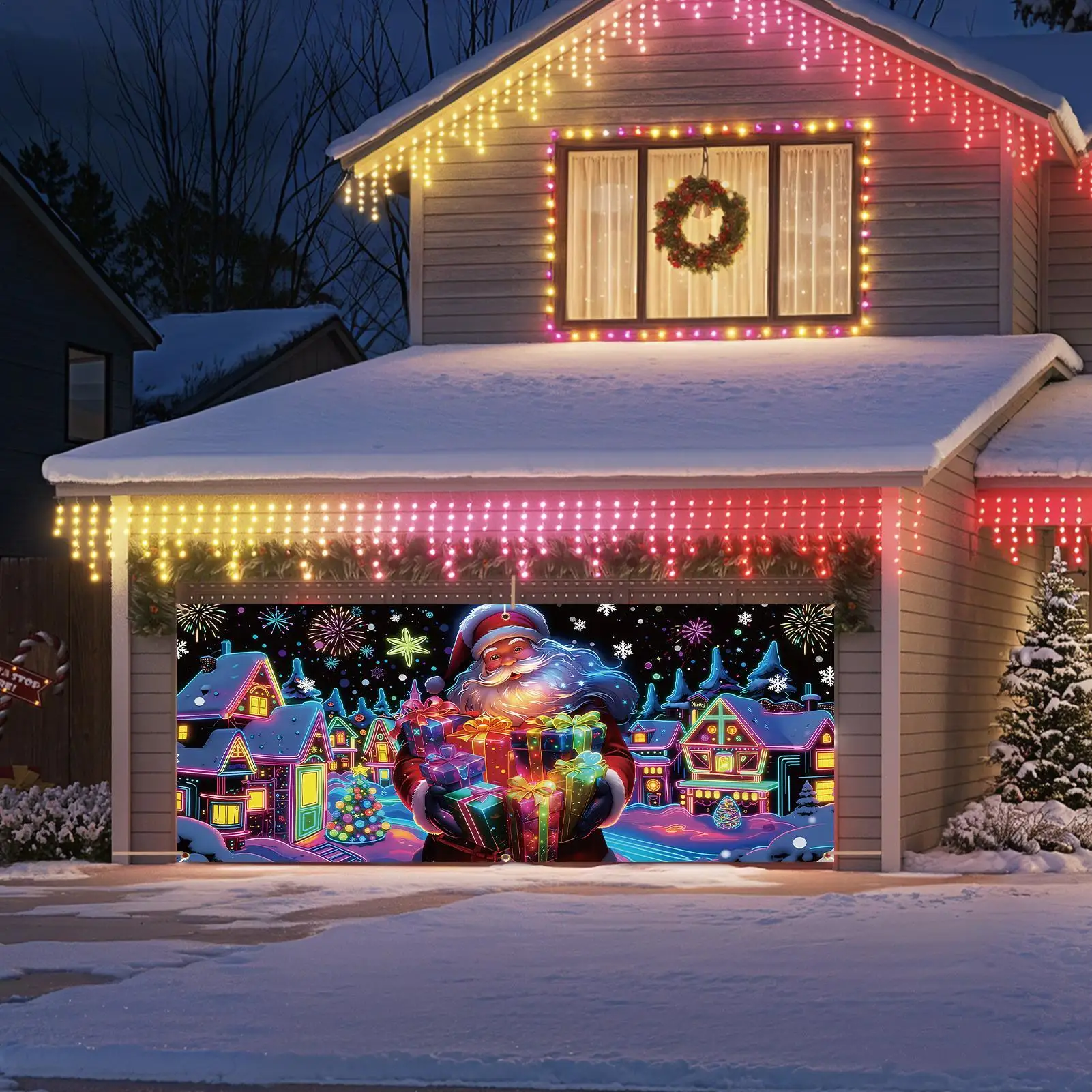 Christmas Garage Door Cover 13x6ft UV Fluorescent Seasonal Decoration Garage Door Decor Background For DIY Enthusiasts Home