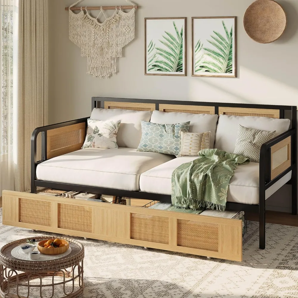Twin Daybed, Day Bed Frame with Storage Drawers, Rattan Boho Corner Bed Frames with Strong Supports, Sofa DayBed for Living