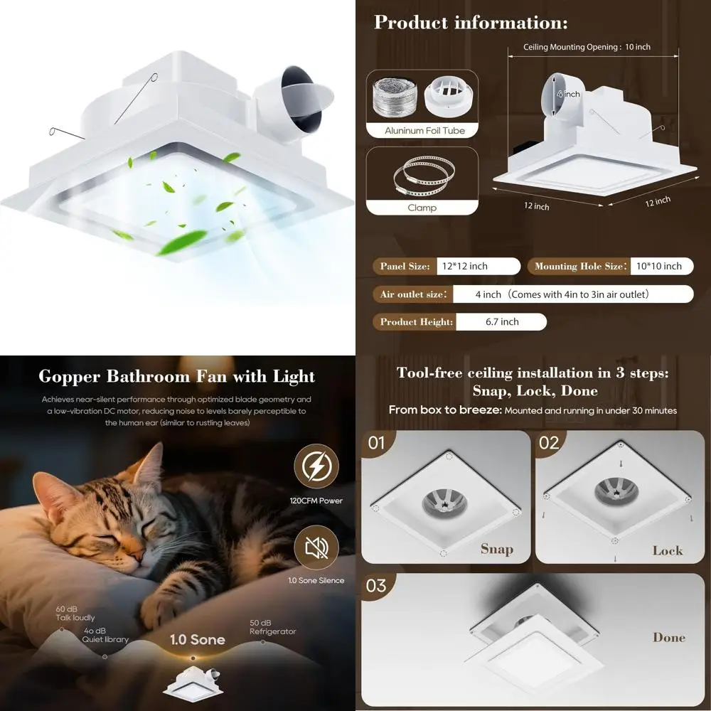 

12 Silent 6500K LED Bathroom Exhaust Fan, 1.0 Sone, 120 CFM, 1500 Lumens, Energy-Efficient