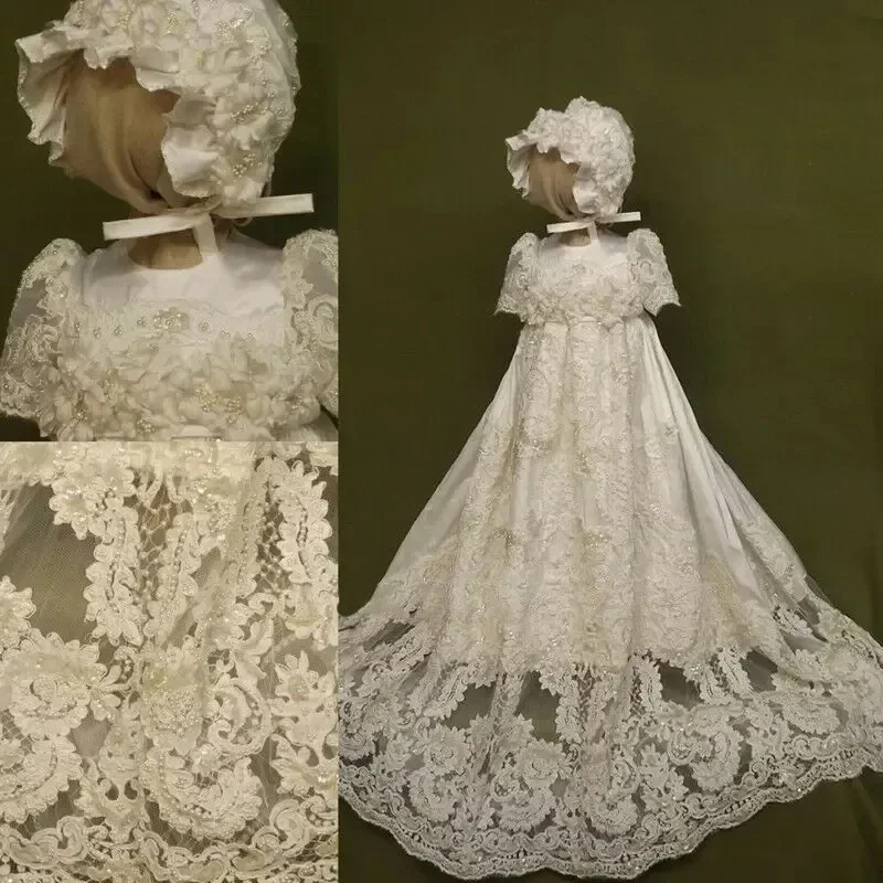 

Cute Newborns Baptism Dress 2 Pieces Lace Christening Gown Baby Girls 1st Birthday Party Dress Infants Wedding Flower Girl Dress