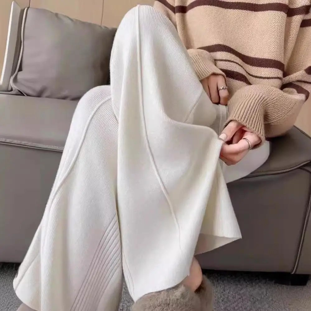 Outono inverno novas calças de perna larga de malha feminina cintura alta corte reto até o chão calças casuais efeito de emagrecimento