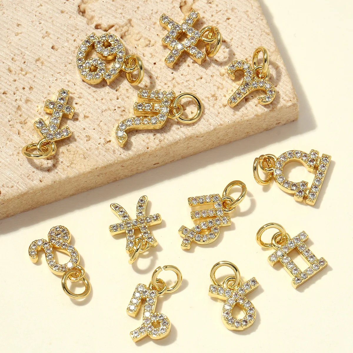 5pcs/Lot Copper Zircon Zodiac Libra Leo Sagittarius Necklace Pendants Signs DIY Bracelet Charms Woman 18K Real Gold Jewelry