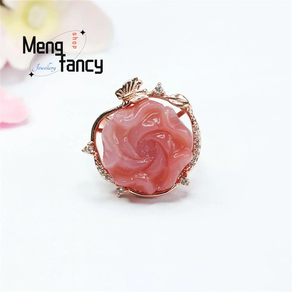 

Natural Salt Source Agate Roses Flower Carving Ring Simple Elegant High-grade Sexy Young Girls Luxury Quality Fashion Jewelry