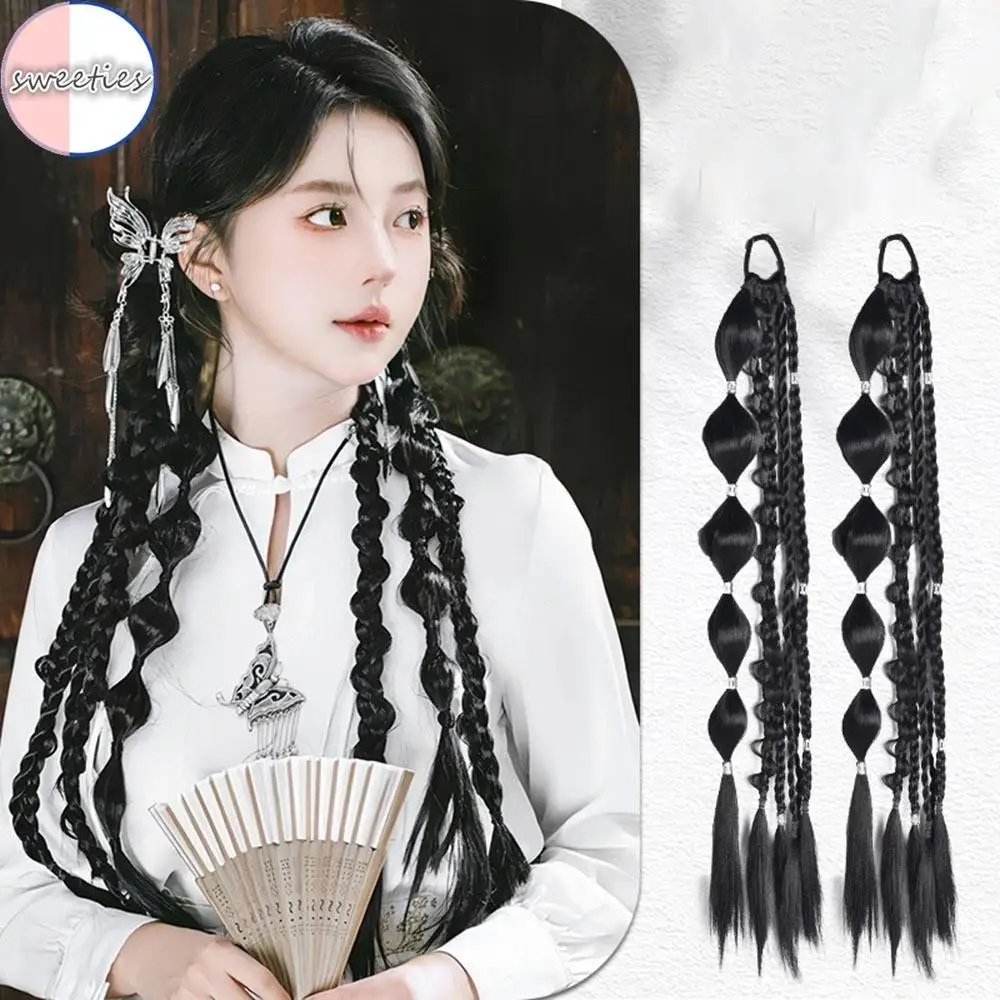 1pcs/set Lady's Wig Chinese Style Long Braid Wig Butterfly Tassel Simulation Bubble Ponytail Hair Extension Temperament Hairstyl