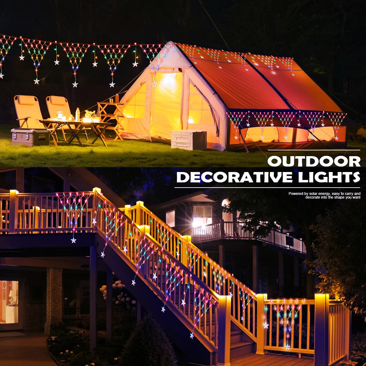 سلسلة إضاءة شمسية مزينة لعيد الميلاد ، نجمة خماسية ليد ، شريط ثلج ، مصابيح ستائر ، مقاومة للماء ، خارجية ، حديقة ، إيف ، 8 أوضاع