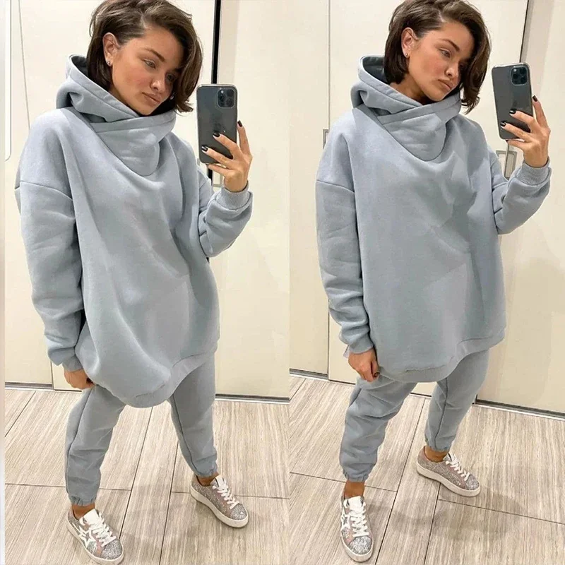 Autumn and Winter 2024 Warm Lady Leisure Sports Suit Solid Color Round Neck Sweatshirt Women's Wear Pants Sets for 2 Pieces Set