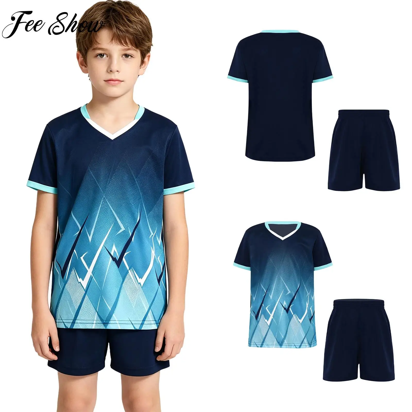 Kids Boys Girls Quick-dry Sports Uniform Running Clothes Short Sleeve Printed Top with Drawstring Shorts for Badminton Football