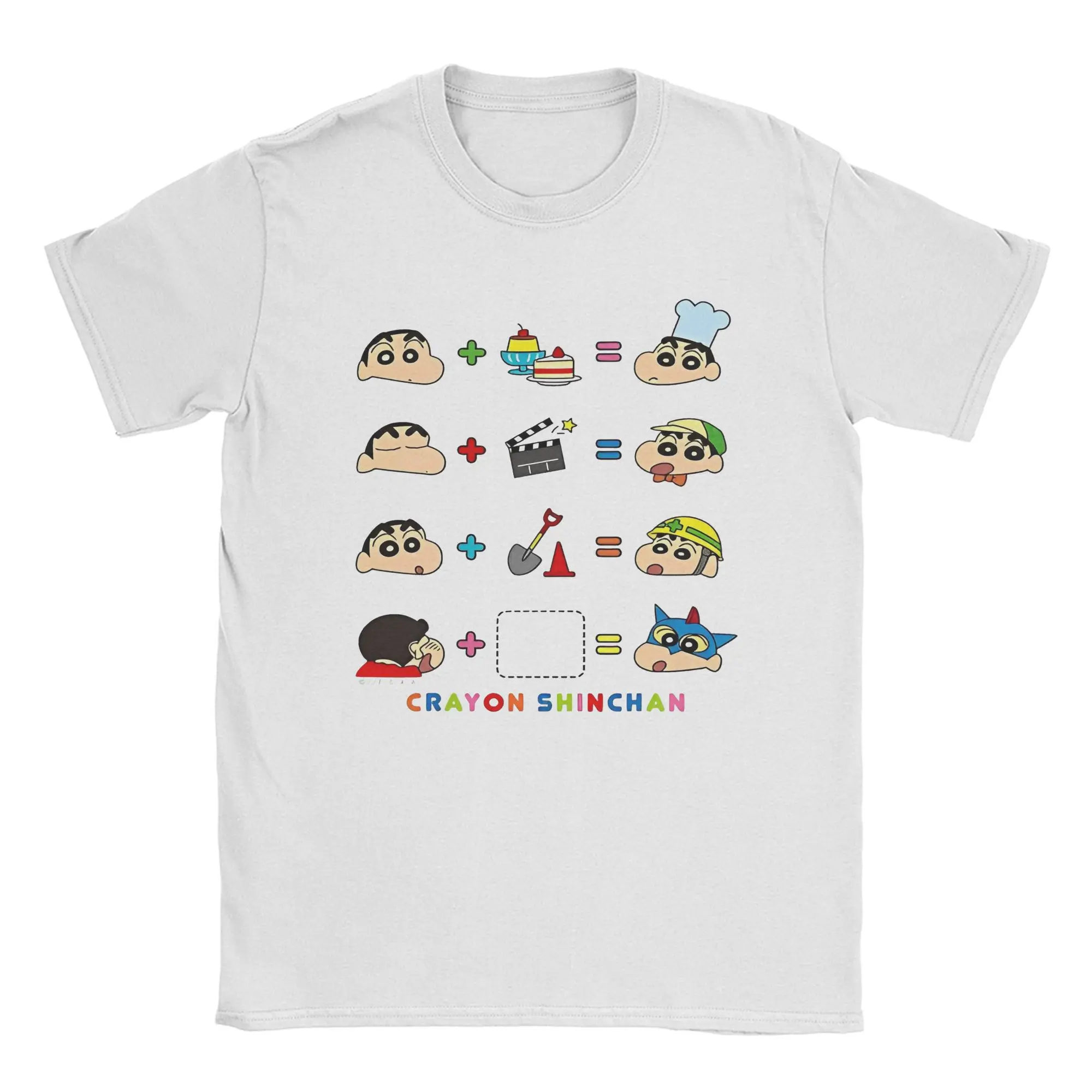 Crayon Shin-chan 〇＋〇＝? T-Shirts for Men Funny Math Cartoon Funny Cotton Tees Round Neck Short Sleeve T Shirts Plus Size merch