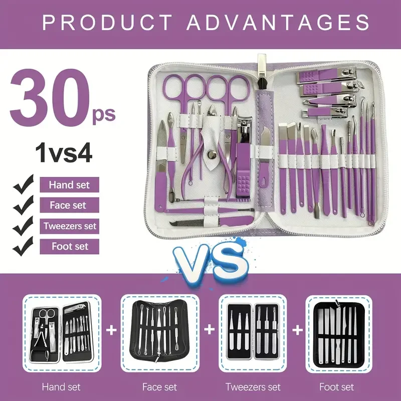 30 pieces, purple professional nail set, anti-splash nail clippers stainless steel nail clipping cuticle tools