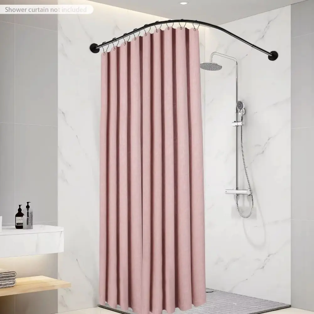 L Shaped Shower Curtain Rail Stainless Steel No Drilling Retractable Rod Anti-Slip Rubber Pads Metal Surface Adjustable Rail