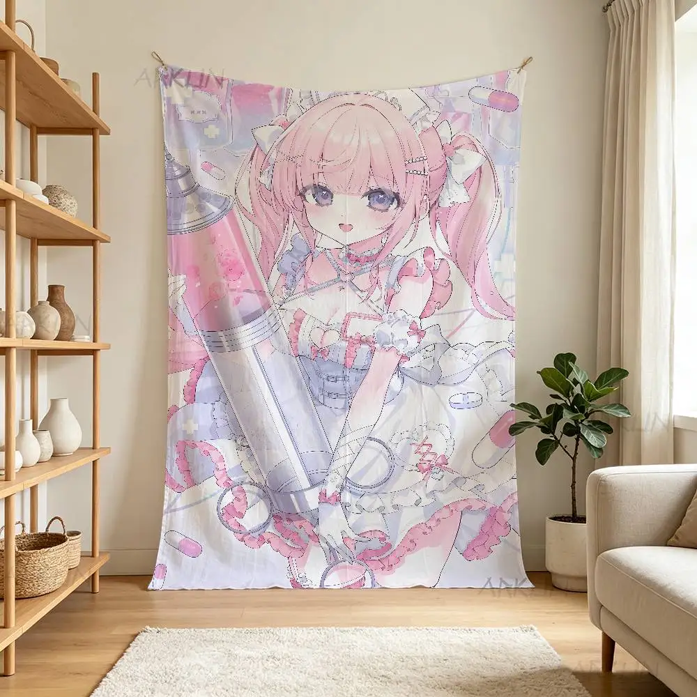 Pastel Pink Nurse Anime Girl Wall Tapestry, Sweet Twintail Character With Syringe Pill Medical Theme Yume Kawaii Bedroom Decor
