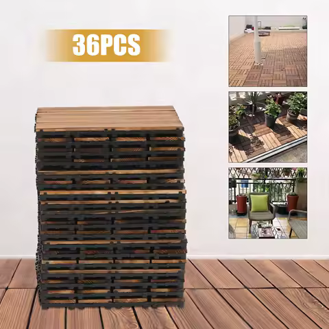 36 Pack Hardwood Interlocking Patio Deck Tiles, Waterproof Indoor Outdoor Brown Interlocking Deck Tile Patio Tiles