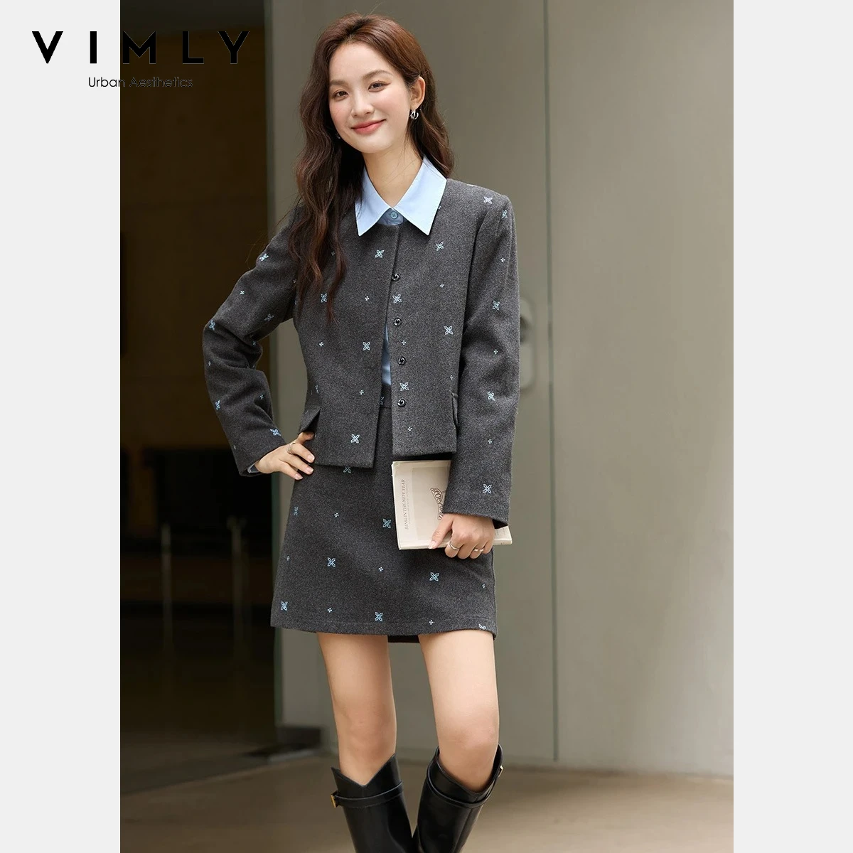 

VIMLY Woman Skirt Sets Two Pieces Elegant Blue Floral Embroider Round Neck jackets Grey Sweet Short Skirts 2025 Winter A3083