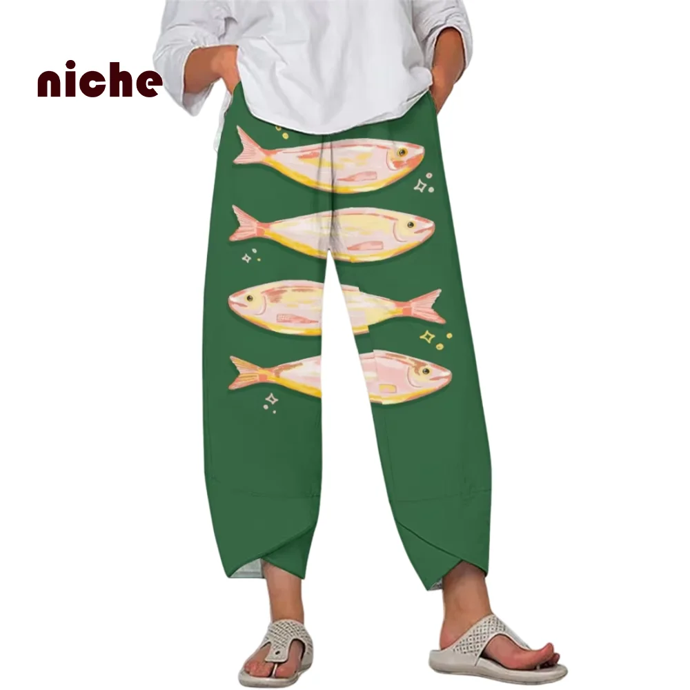 Casual Pure Cotton High-Quality Beach Pants Cartoon Fish Printing Comfortable Fashion Trend Soft Nine-Point Pants