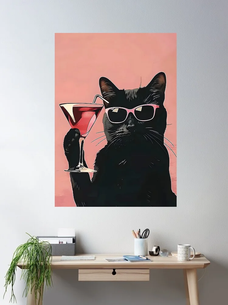 Retro Cool Black Cat , Art Print Silk Poster Home Wall Decor