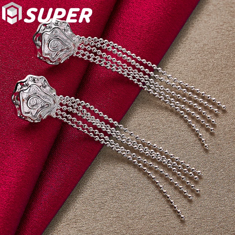 

925 Sterling Silver Romantic Rose Flower Earrings for Women Fashion Smooth Bead Chain Silver Jewelry