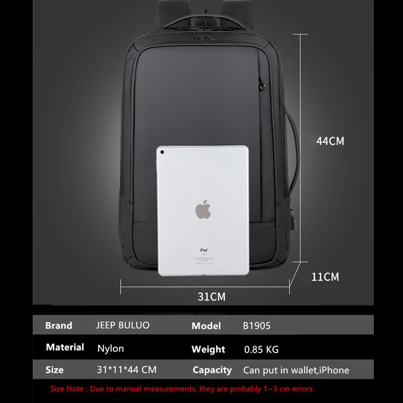 JEEP BULUO Backpack USB Charging High Quality Waterproof Men Laptop Backpack Luxury Brand Designer School Bag Business 13 Inch