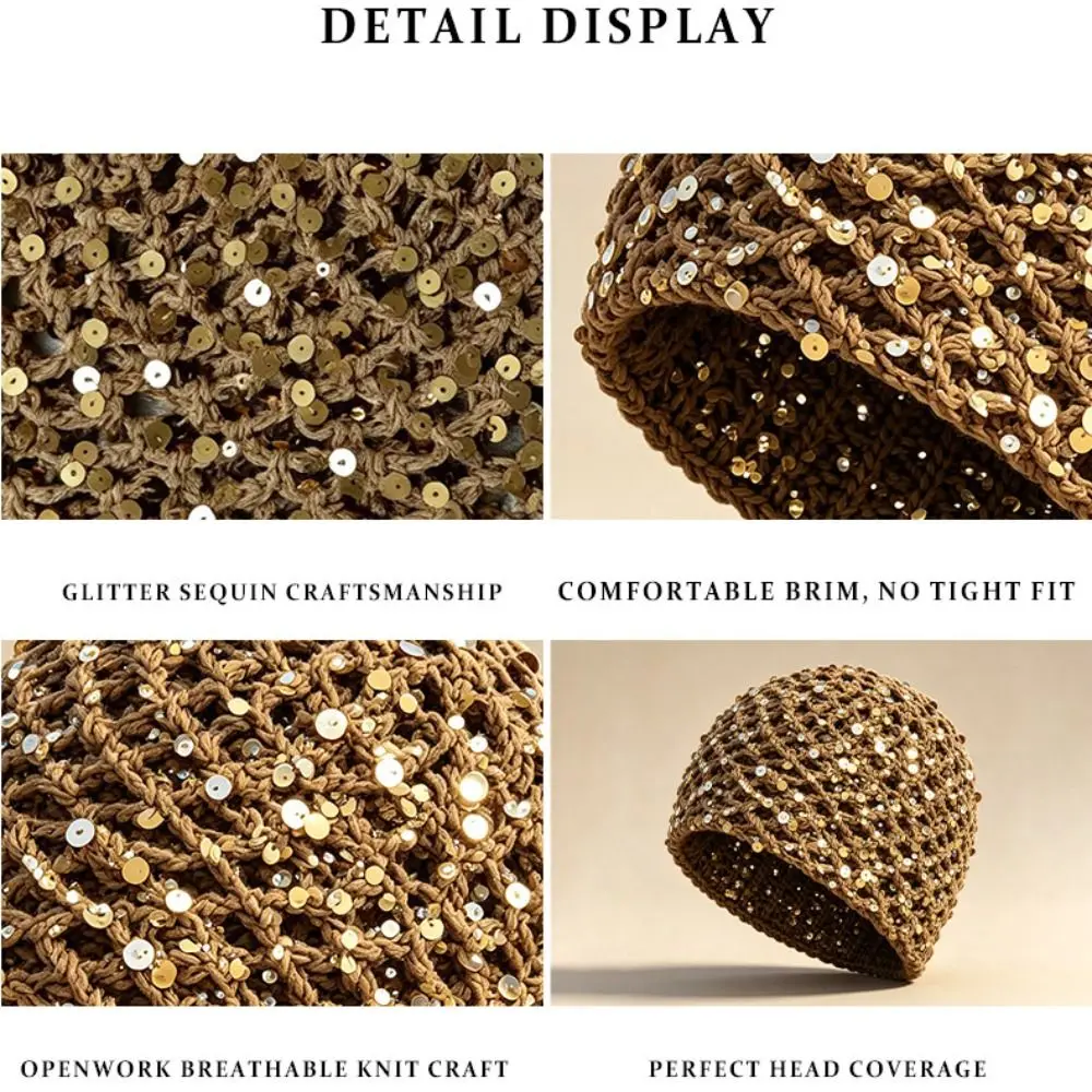 Retro Elegant Sequined Beanie Crochet Bohemian Style Knitted Hat Korean Thin Woven Pullover Cap Spring Summer