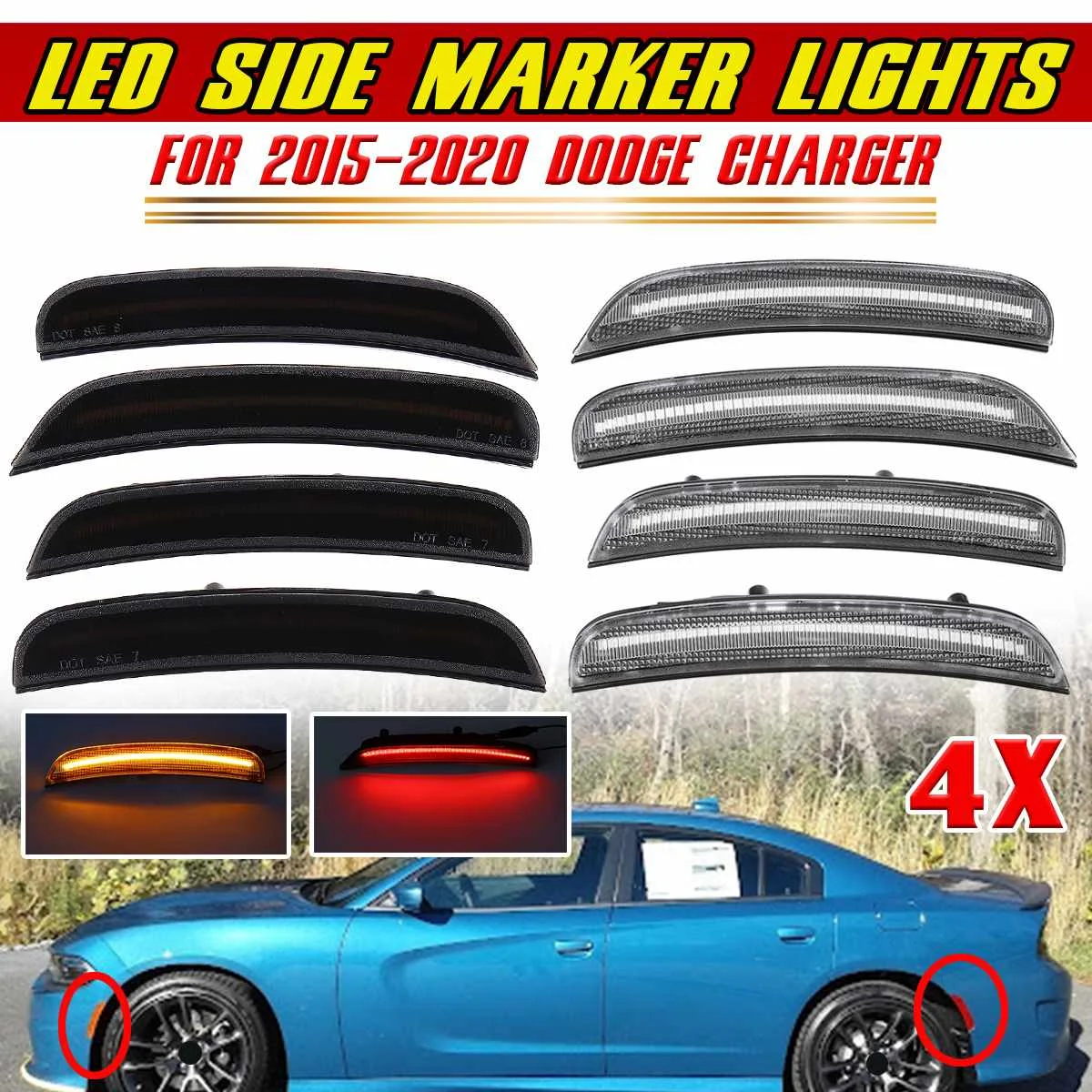 4pcs Car Front Rear Bumper Side Marker Repeater Light For Dodge Charger 2015-2018 Fender Wheel Arches Turn Signal Blinker Lamp