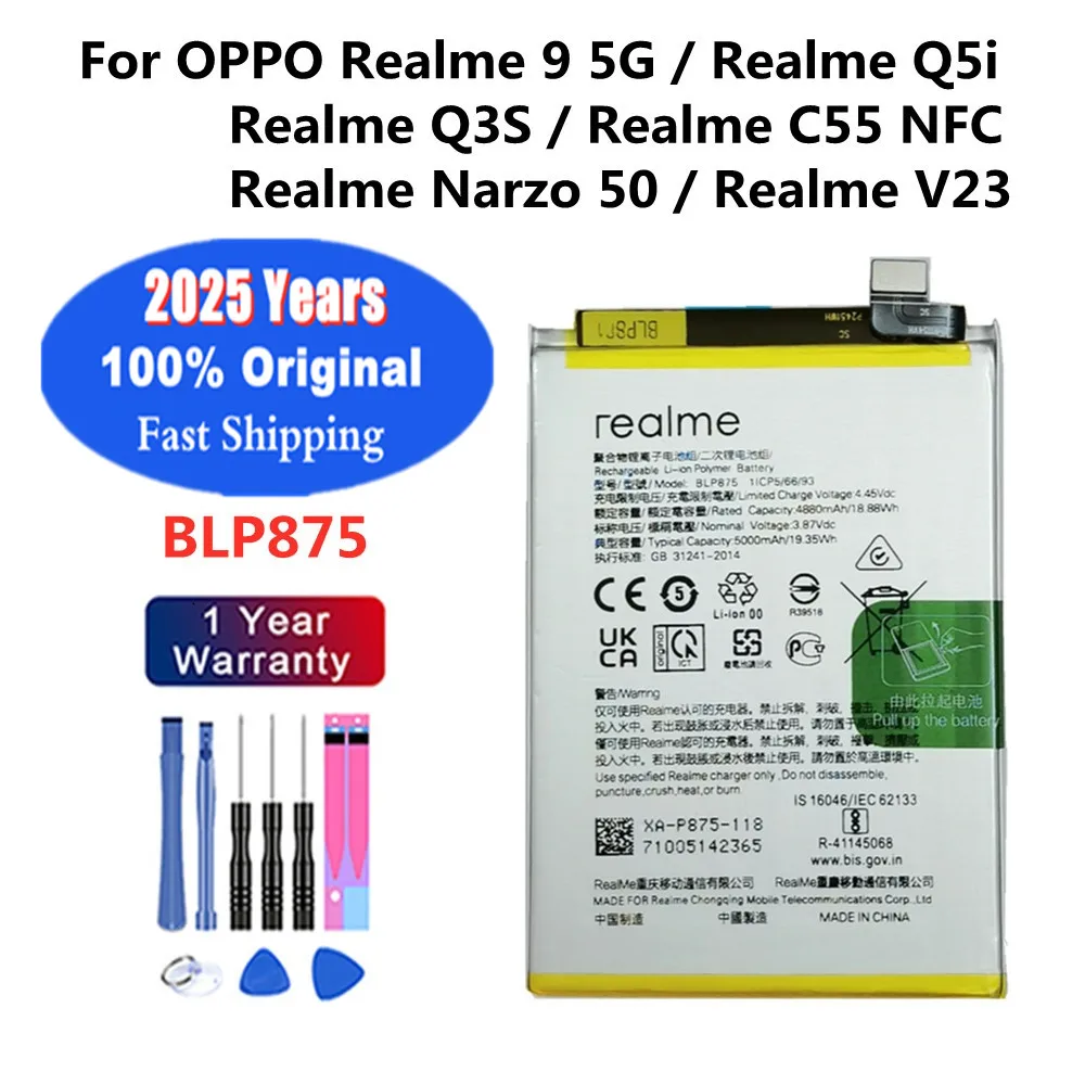 100% Original BLP875 Battery For OPPO Realme 9 5G /Realme Q5i /Realme Q3S /Realme C55 NFC /Realme Narzo 50 /Realme V23