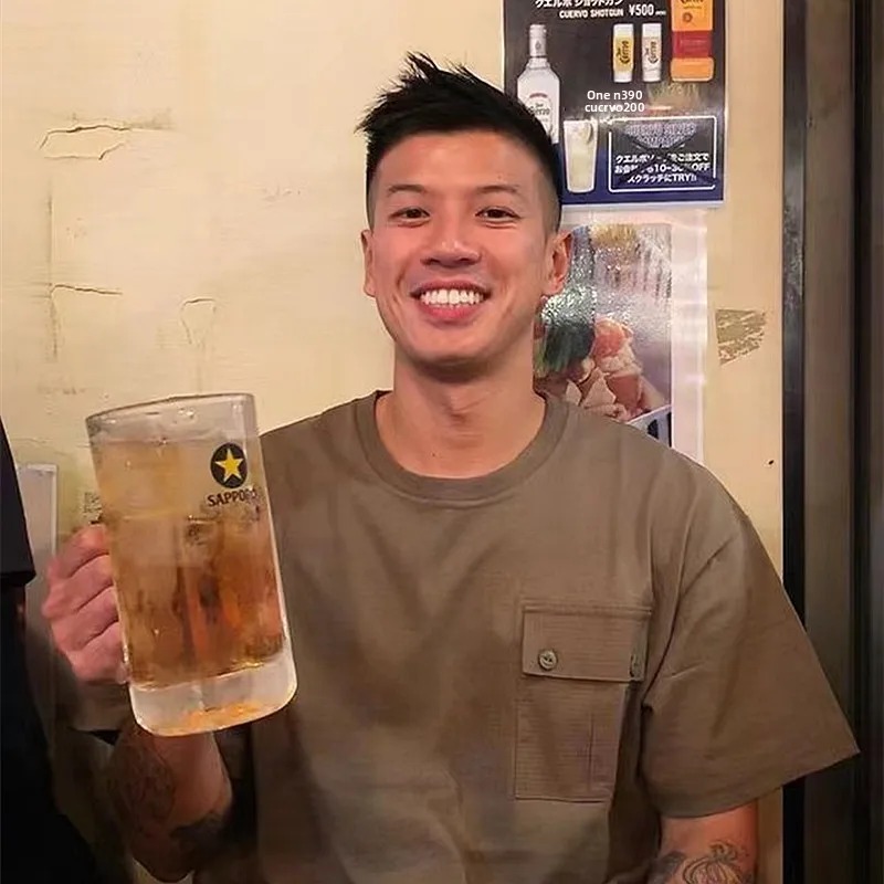 

Pure Cotton Loose ort Sve T-irt Wang Xingkai ket Heavyweight Base Layer irt f Sve round Ne Youth Trend