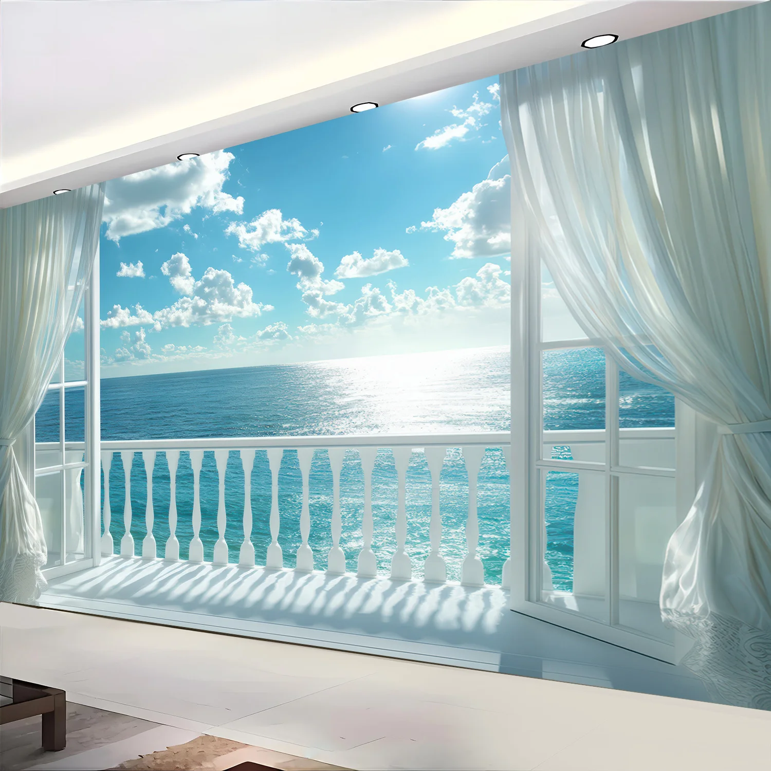 Ocean View Balcony Window Sea Sky Clouds Tapestry Fake Window Wall Hanging Beach House Decor Coastal Style Living Room FabricArt