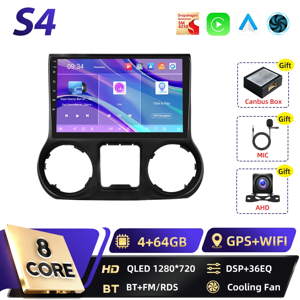 Podofo Qualcomm 8-core 2-DIN Android autoradio voor Jeep Wrangler 2011-2014 met DSP, Android Auto, BT, GPS, FM, WIFI, RDS en Carplay.