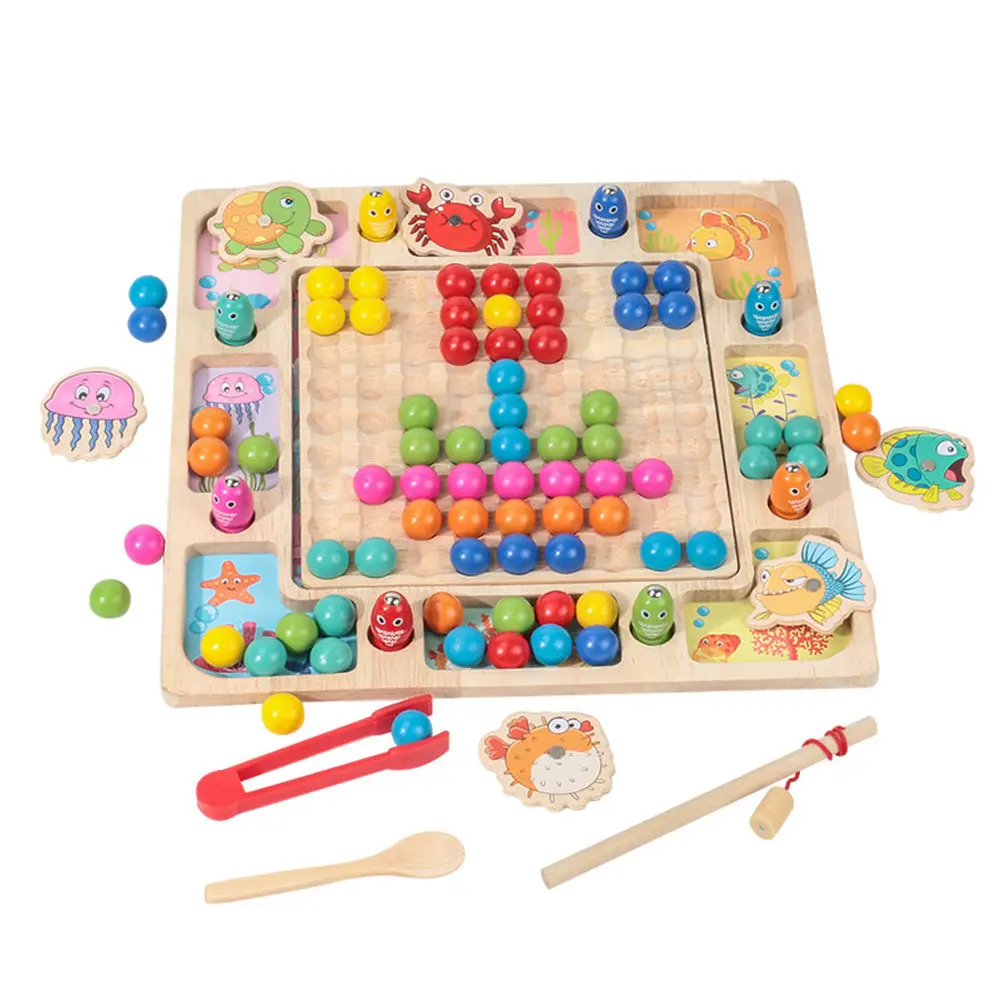 

1Set Multifunctional Beads Clipping Educational Game Wooden Fishing Early Learning Board Game for Kids