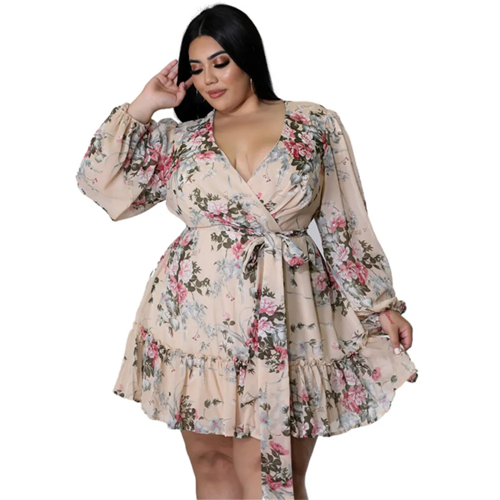 Wmstar Dresses Women Plus Size 5xl Sexy Party Flower Print Mini Dress Loose Elegant Casual Outfits 2022 Wholesale Dropshipping