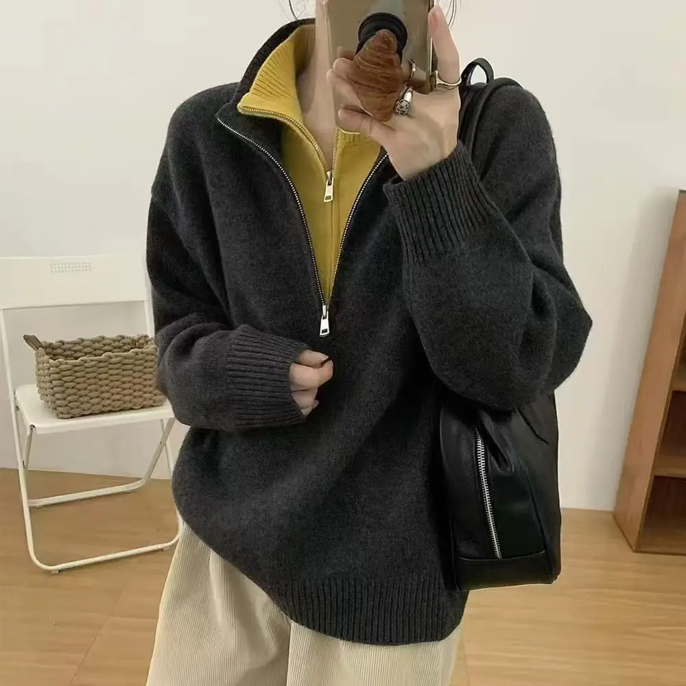 Contrasting Colors Simple Fashion Lazy Style High-end Fake Two-piece Zipper Pullover Knitted Sweater 2026 Autumn and Winter New
