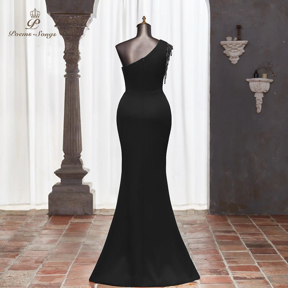 Poems Songs Black One-Shoulder Evening Dress with Beaded Sleeve and Draped Side, Slim Fit Elegant Gown vestidos de noche