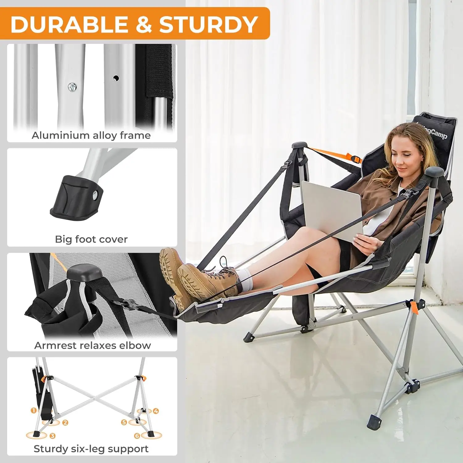 Hammock Chair, Folding Rocking Chair, Aluminum Adjustable Back Swing Chair, Chair with Removable Footrest Pillow Cup Holder