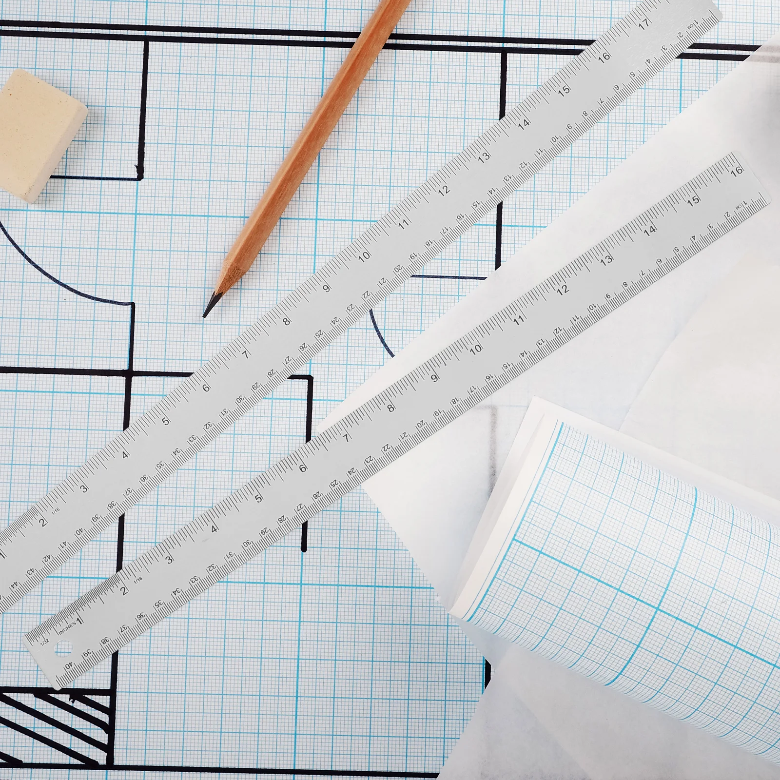 2pcs Stainless Steel Ruler Set Measuring Tool Metric Markings Drawing Office School Use Hanging Hole