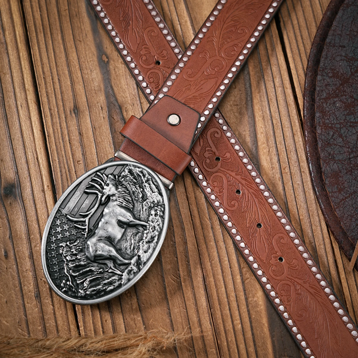 Herren - Damen - Western-Denim - PU-Leder - Gürtel - Vintage-Jeans mit geschnitzter Schnalle – Detail 16