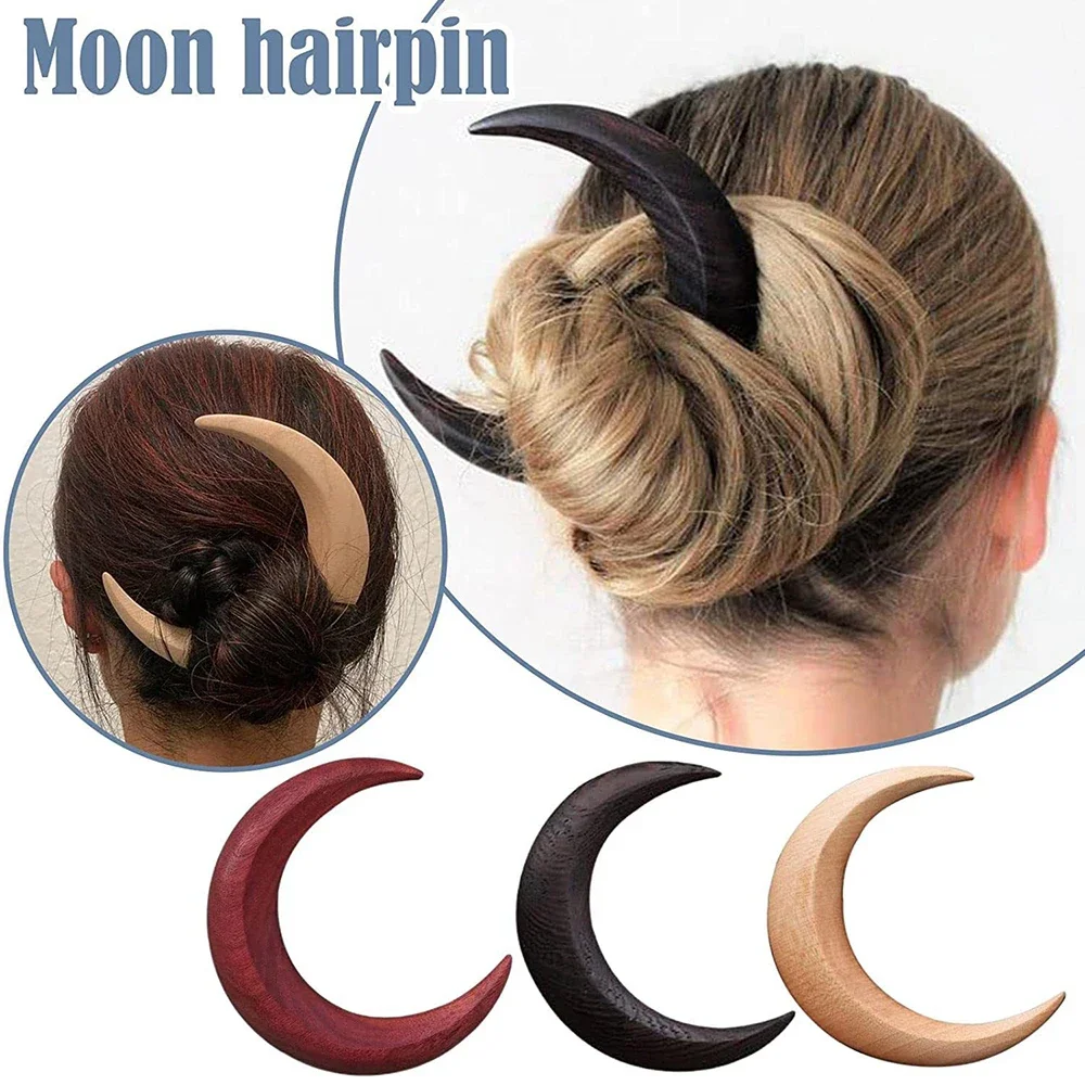 New Fashion Moon Hair Sticks Hand Wood Carved Wooden Crescent Hair Forks Women Girls Long Hair Comb Styling Headwear Accessories