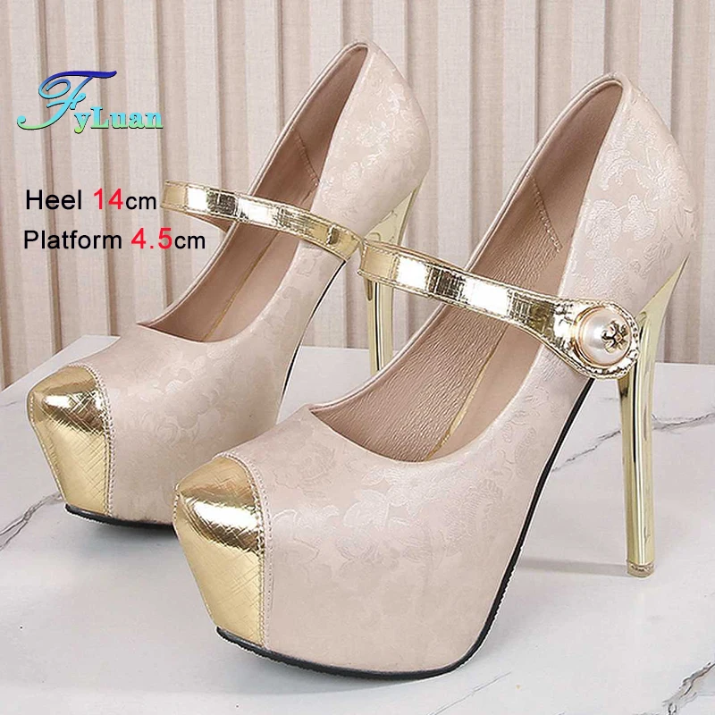 

Женская обувь абрикосового цвета в этническом стиле, женские туфли-лодочки на тонком высоком каблуке 12/14 см на платформе 3,8/4,5 см с круглым носком, туфли-лодочки на шпильке для вечеринок