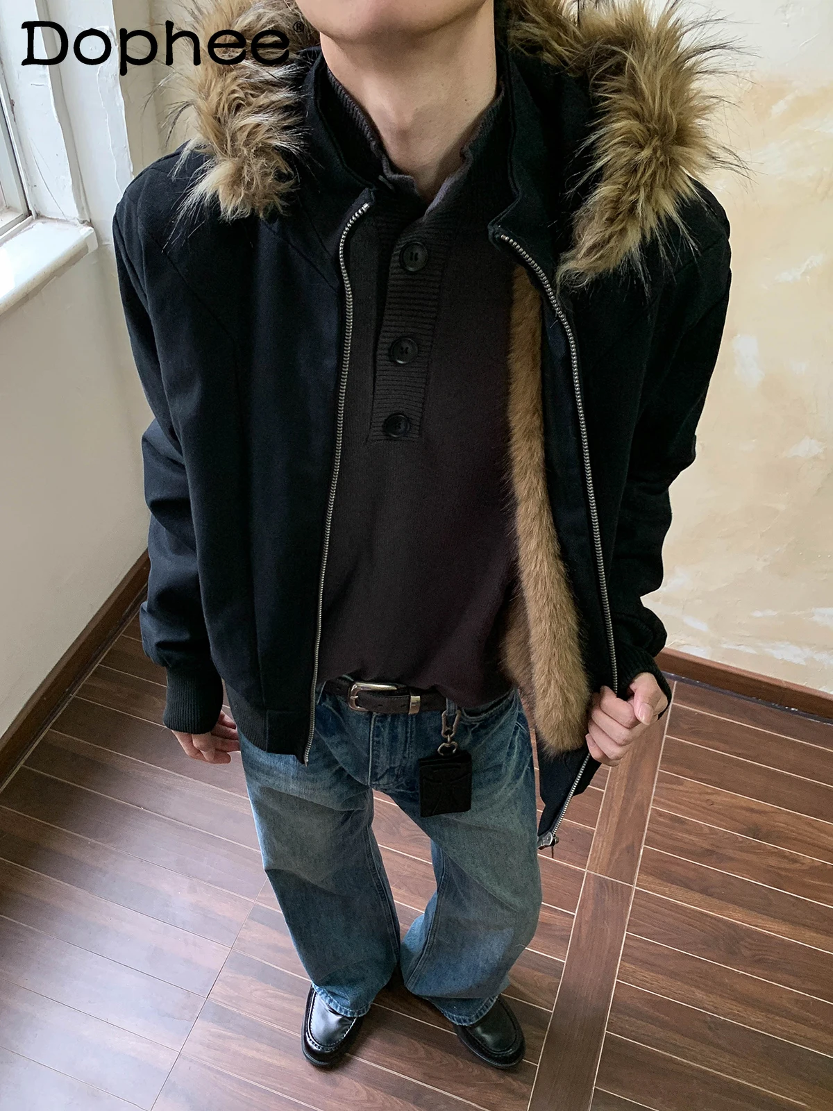 

Winter Fleece-Lined Thickened Jacket American Style Trendy Fashionable Handsome Men's Casual Hooded Cotton Coat