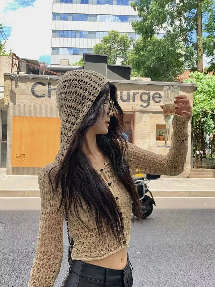 Vintage Hollow Out Knitted Hooded Cardigan Women\'s Korean Khaki Long Sleeve Crop T-shirts Streetwear Fashion Casual Blouse Tops