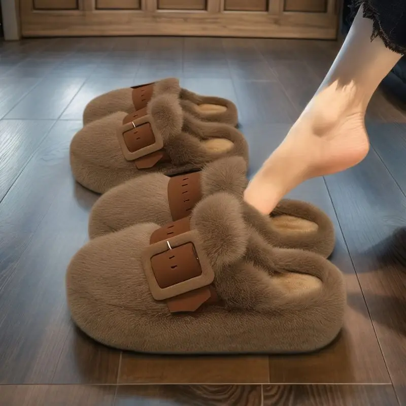 

Women's Fur Slippers Thi Bot Anti-Slip Cotton Slippers Korean Sle Belt Decorated Rabbit Fur Lined Home Slippers