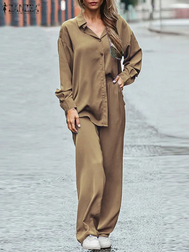 ZANZEA 2024 Summer Wide Leg Trouser Suit 2PCS Satin Solid Pant Sets Women Long Sleeve Top Pleated Outfits Casual Silk Tracksuit7